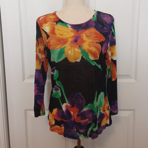 Ralph Lauren Bold Fall Floral Long Sleeve Top sz 14 Petite Stretch Linen Silk - Picture 1 of 6